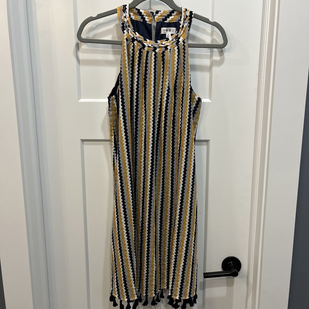 THML Women's Dress Size S Sydney Chevron Halter Fringe Hem Zigzag Yellow Blue